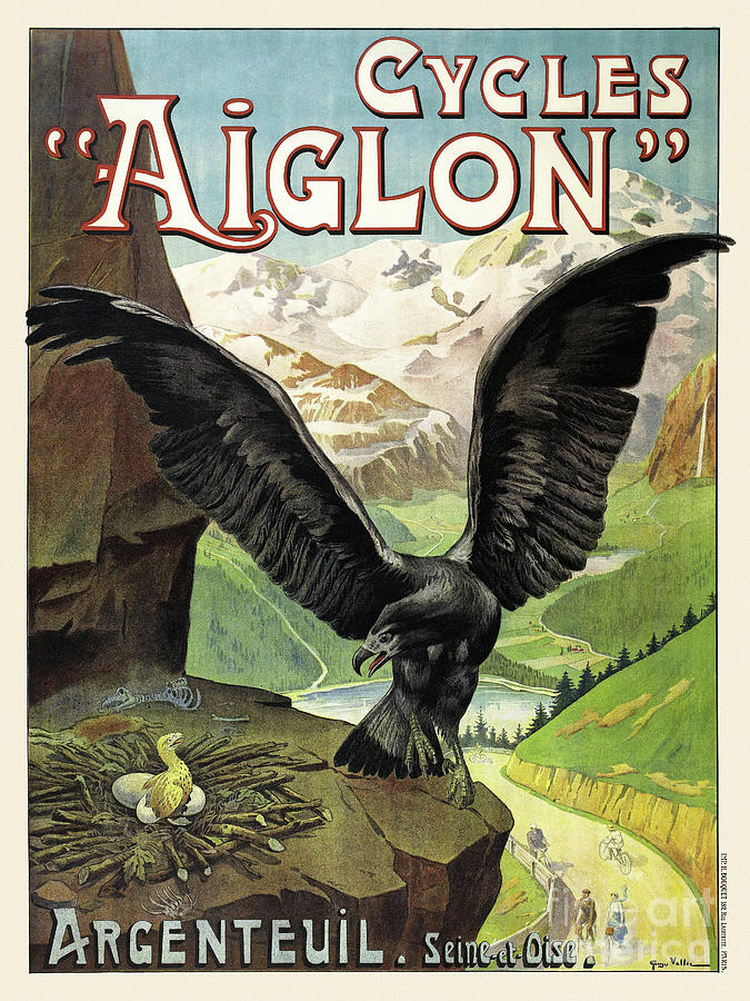 Cycles Aiglon Vintage Advertising Poster France 1900 Drawing