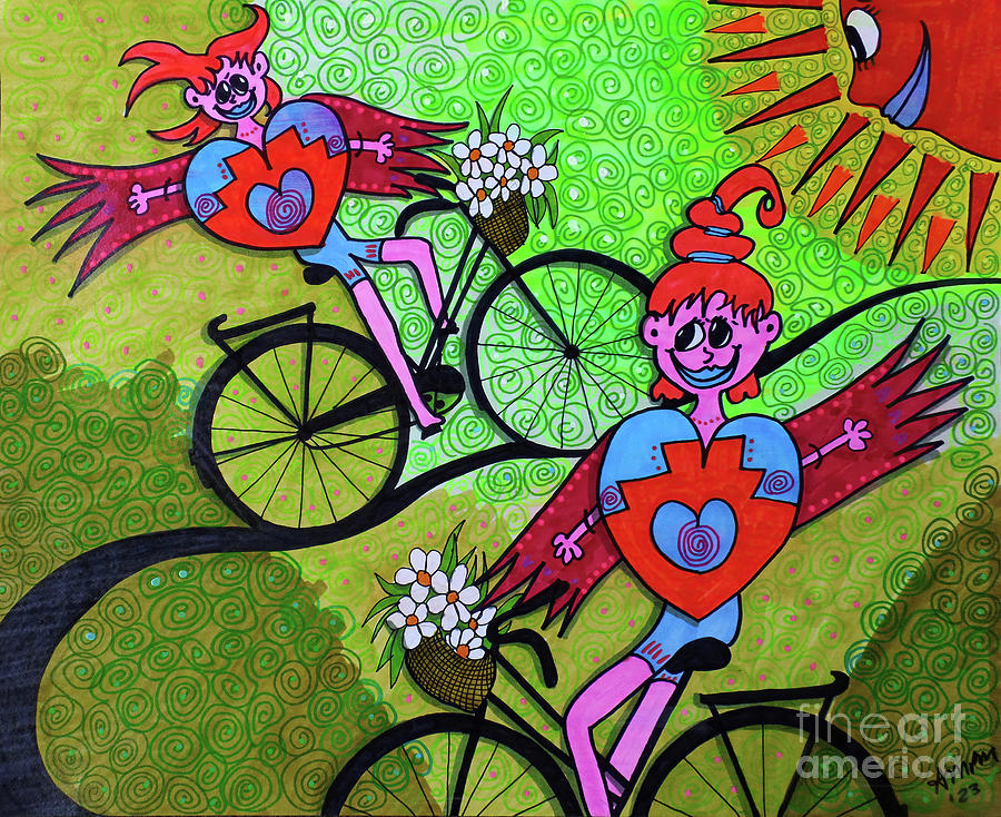 Cycling Drawing by AnnMarie Parson-McNamara
