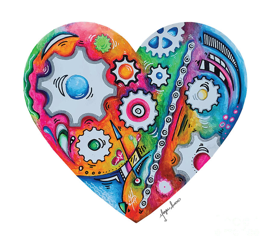 Unique Painting - Cycling Gears Chain PoP Art Love Heart Painting Design by Traveling Artist Cyclist MeganAroon #1 by Megan Aroon