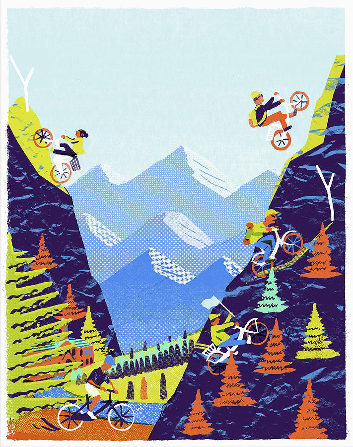 Cyclists cycling up steep slopes in mountains Drawing by Daniel Haskett ...