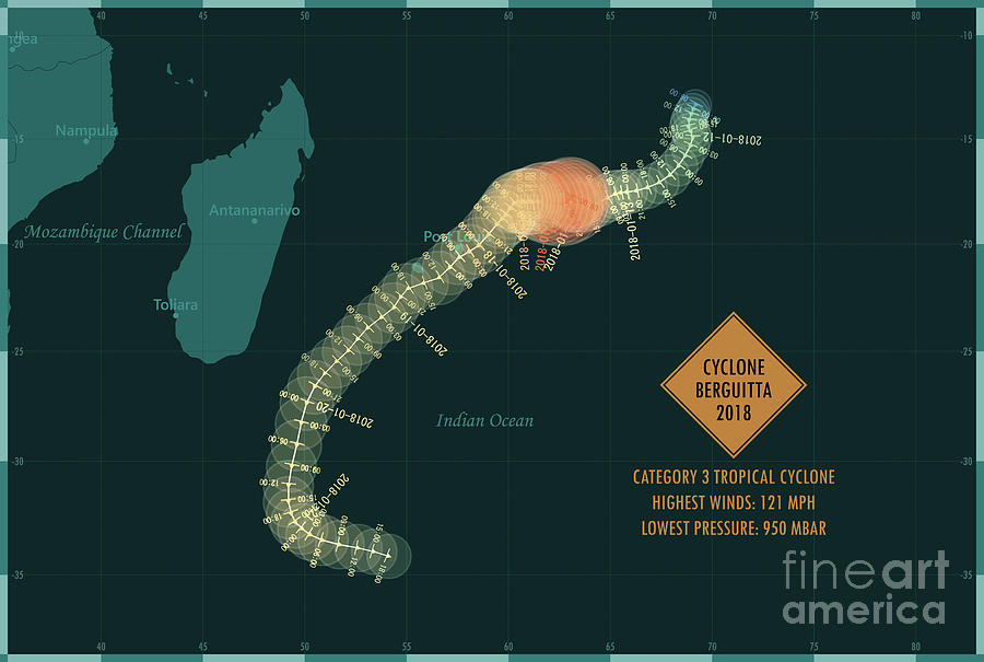 Map Digital Art - Cyclone Berguitta 2018 Track Southern Indian Ocean Infographic by Frank Ramspott