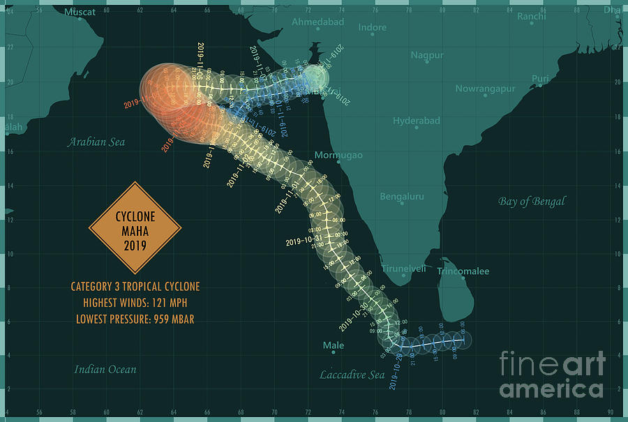 Map Digital Art - Cyclone Maha 2019 Track Northern Indian Ocean Infographic by Frank Ramspott