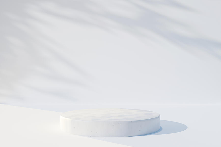 Cylindrical white ceramic podium on white background with many plant shadows. Perfect platform for showing your products. Three dimensional illustration Photograph by Anna Efetova