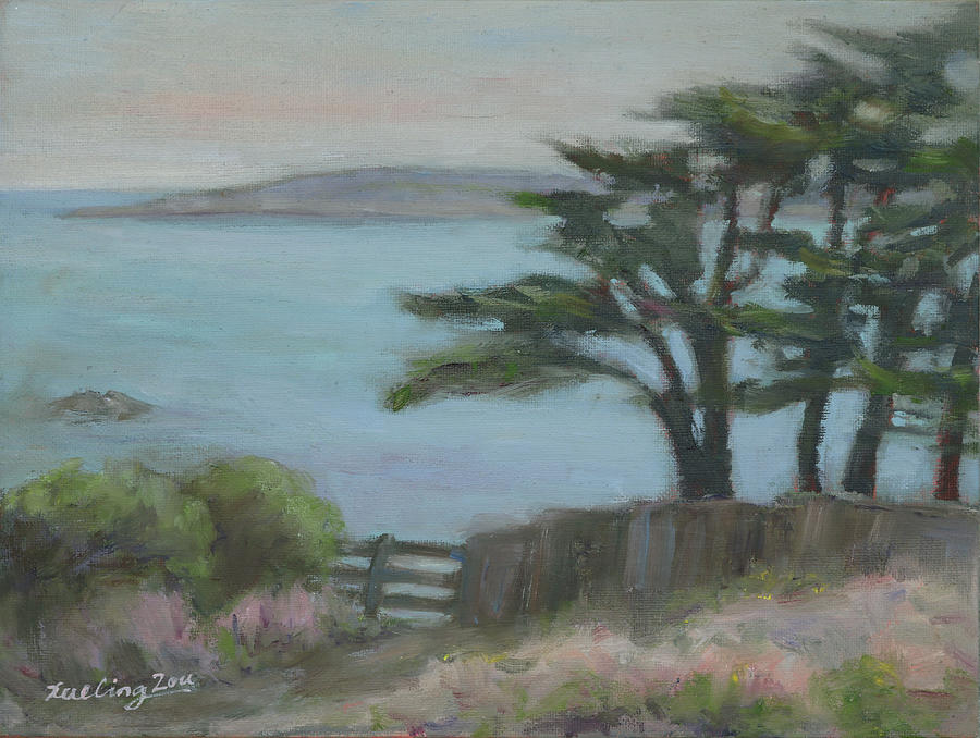 Cypress at Carmel Sunset Beach Painting by Xueling Zou