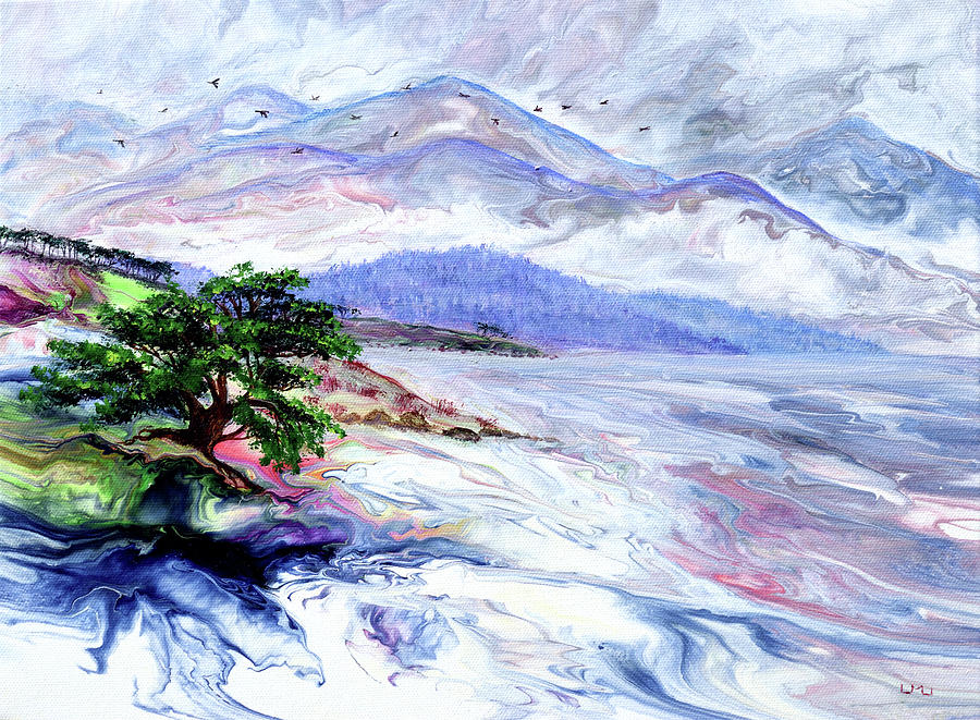 Cypress Tree by a Mountain Lake Painting by Laura Iverson