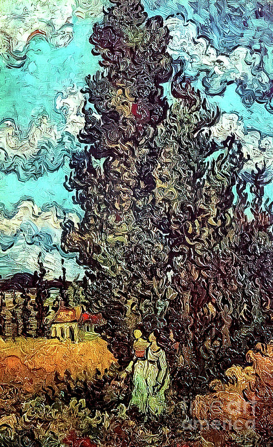 Cypresses and Two Women by Vincent Van Gogh 1890 Painting by Vincent Van Gogh
