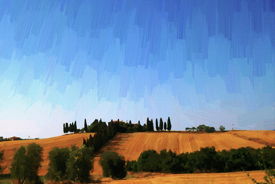 Cypresses in Tuscany Landscape , Paesaggio Toscano Italy, Oil Painting ca 2020 by Ahmet Asar Digital Art by Celestial Images