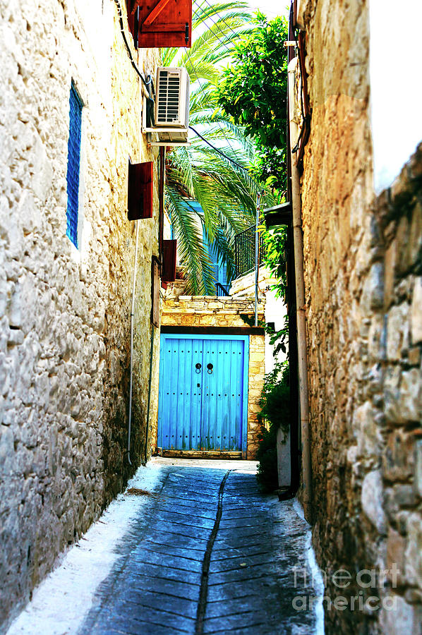 Architecture Photograph - Cyprus Double Blue Doors in the Alley by John Rizzuto