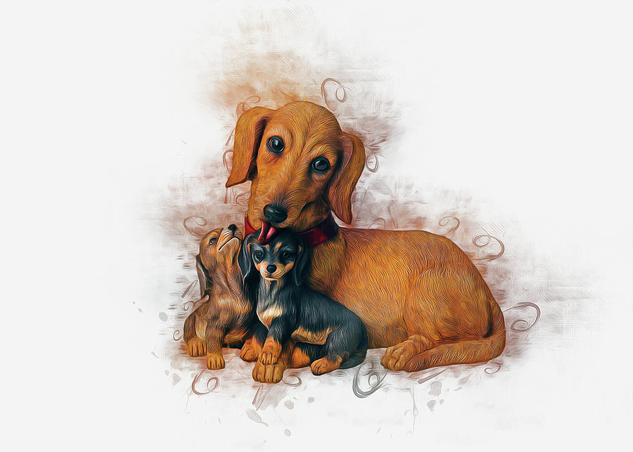 Dachshund And Puppies Art Painting