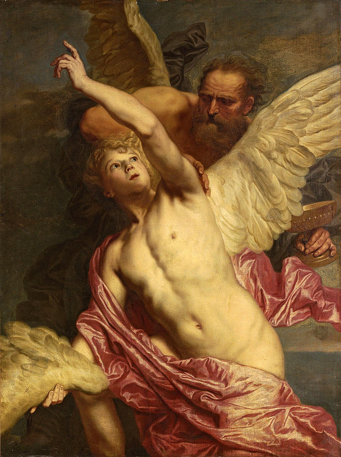 Daedalus fixing wings onto the shoulders of Icarus Painting by Pieter Thijs