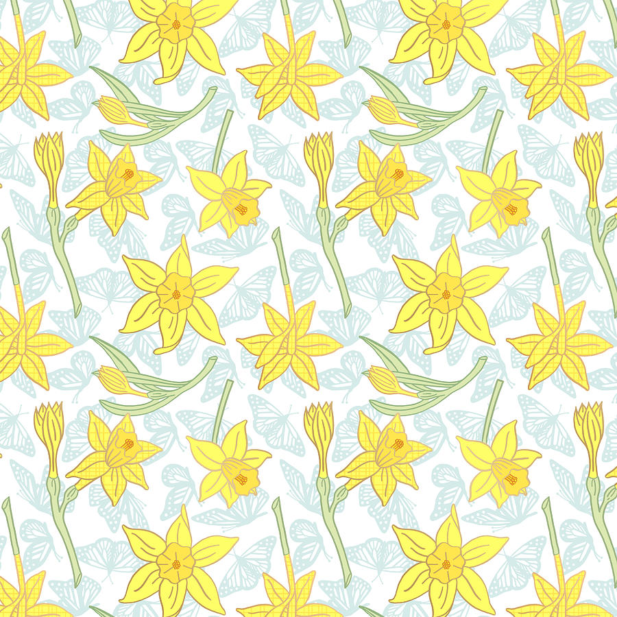 Daffodil and Blue Butterflies Pattern - Art by Jen Montgomery Painting by Jen Montgomery
