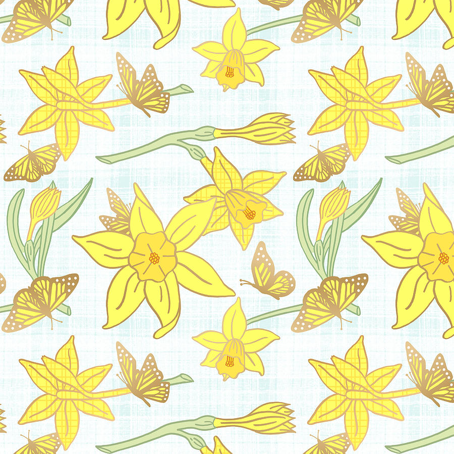Daffodil and Butterfly Pattern - Art by Jen Montgomery Painting by Jen Montgomery