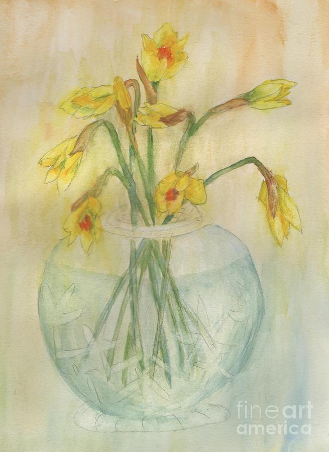 Daffodil Buds In A Cut Glass Bowl - Watercolour painting Painting by Lesley Evered