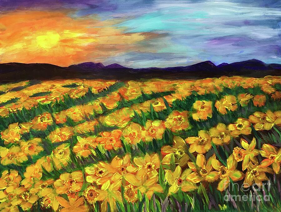 Sunset Painting - Daffodil Dance at Sunset by Eunice Warfel