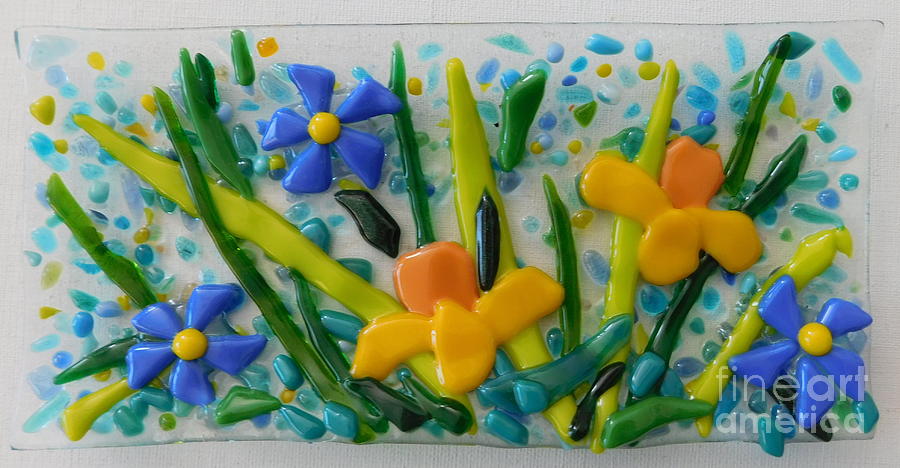 Daffodils and Forget Me Nots Glass Art by Joan Clear