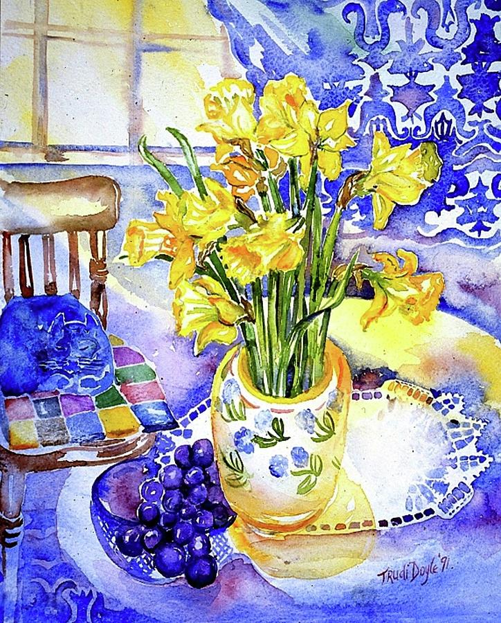 Daffodils and Sleeping Cat  Painting by Trudi Doyle