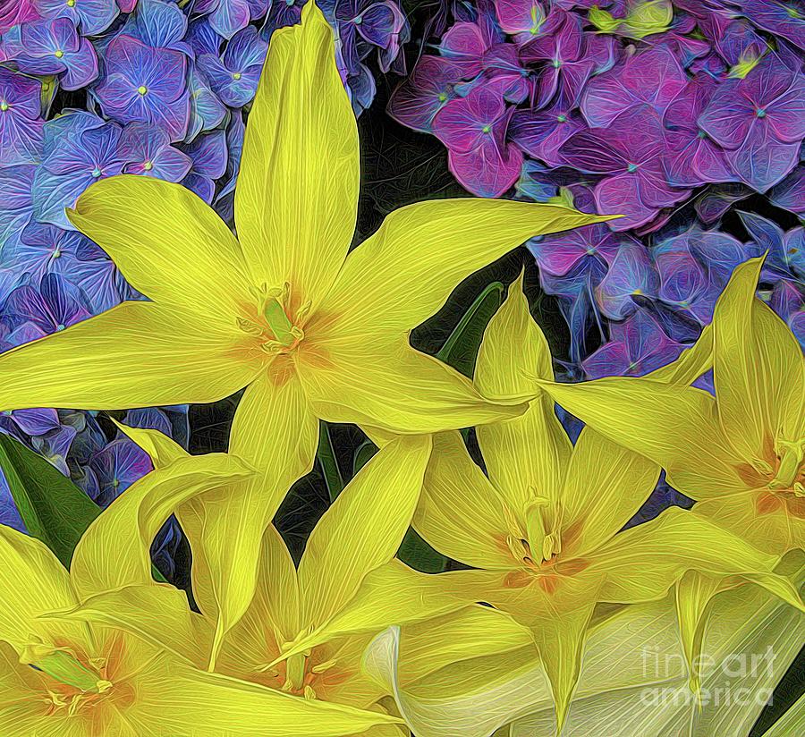 Daffodils Hydrangeas and Easter Lilies Easter Display at Buffalo Botanical Gardens Abstract Melting  Photograph by Rose Santuci-Sofranko