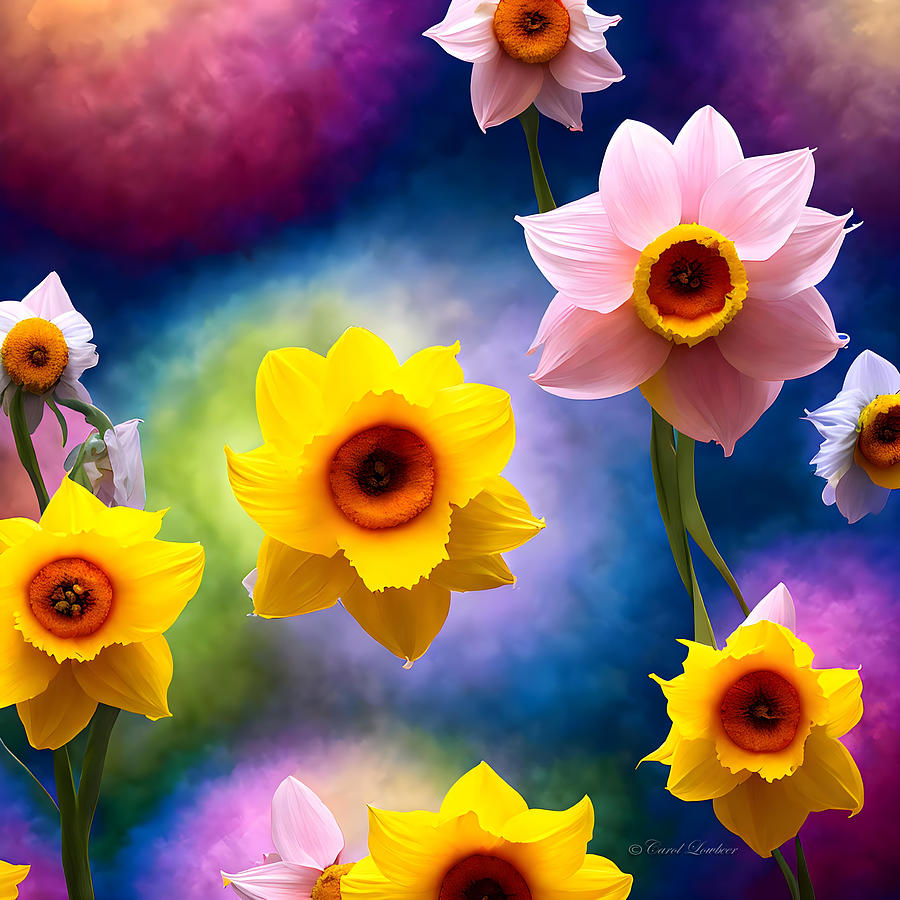 Daffodils Digital Art - Daffodils Jumping for Joy by Carol Lowbeer
