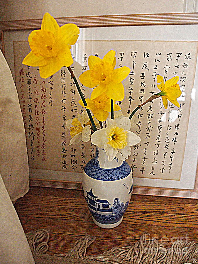 Daffodils with Calligraphy Mixed Media by Nancy Kane Chapman