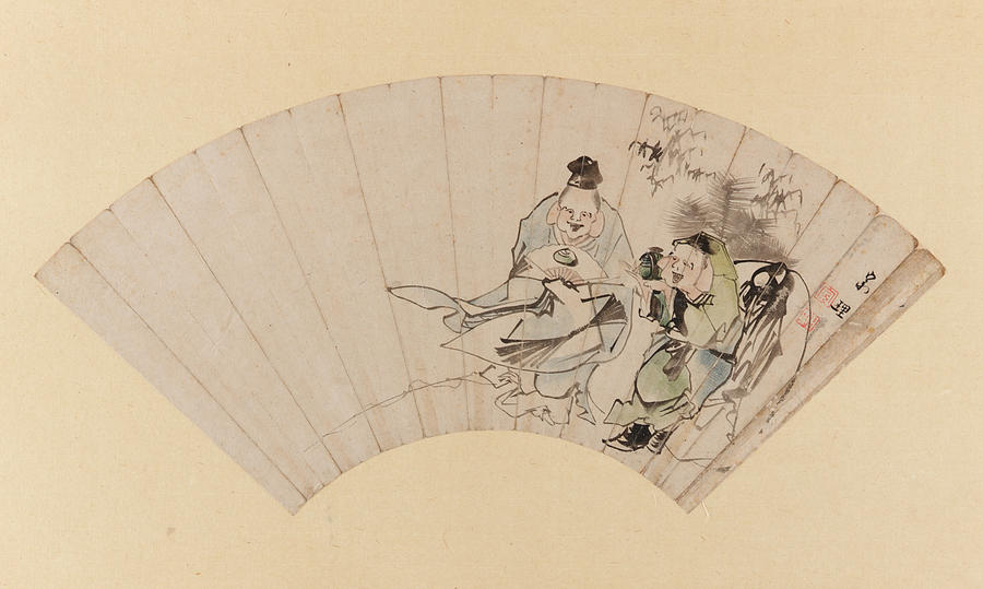 Daikoku and Ebisu as New Year's performers Drawing by Hishikawa Sori