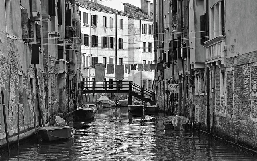 Daily Life on the Canals of Venice Italy Black and White Photograph by Shawn OBrien
