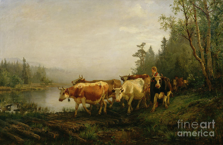 Dairymaid by the forest lake, 1869 Painting by O Vaering by Anders Askevold