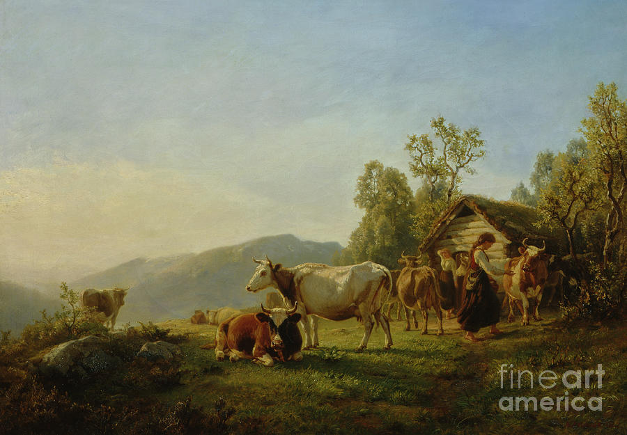 Dairymaids with cows, 1867 Painting by O Vaering by Anders Askevold