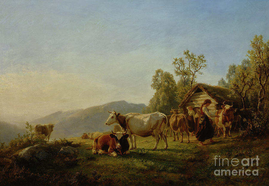 Dairymaids with cows Painting by O Vaering by Anders Askevold