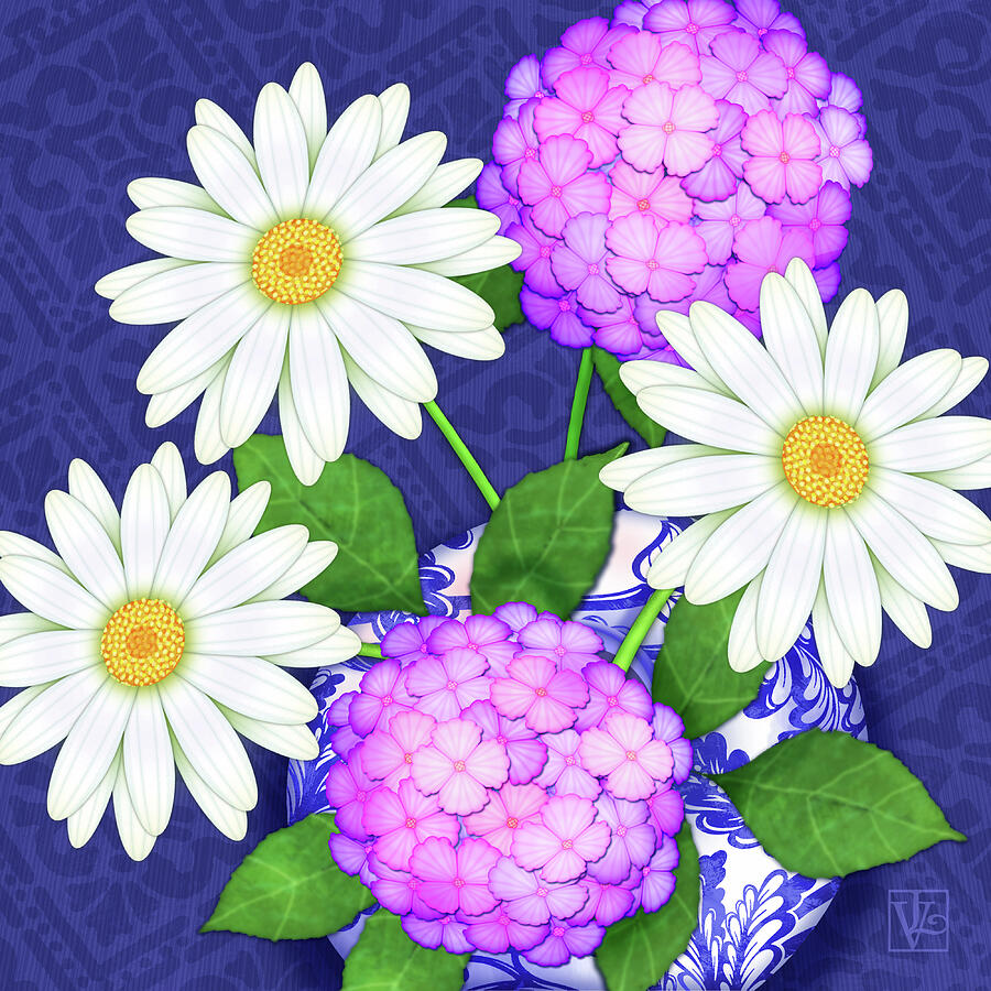 Daisies and Hydrangea in Blue and White Vase Digital Art by Valerie Drake Lesiak