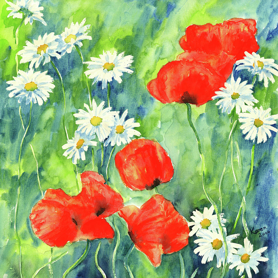 Daisies and poppies watercolor painting Painting by Karen Kaspar