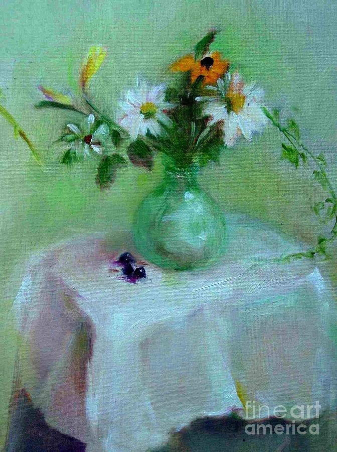 Contemporary Floral Painting - Daisies and White Linen  copyrighted by Kathleen Hoekstra