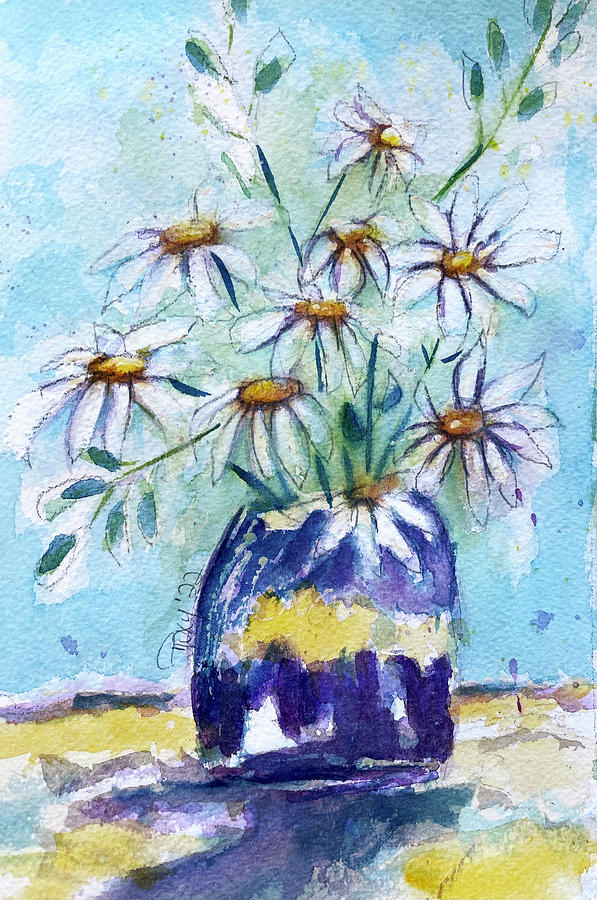 Daisies in a Purple Vase Painting by Roxy Rich