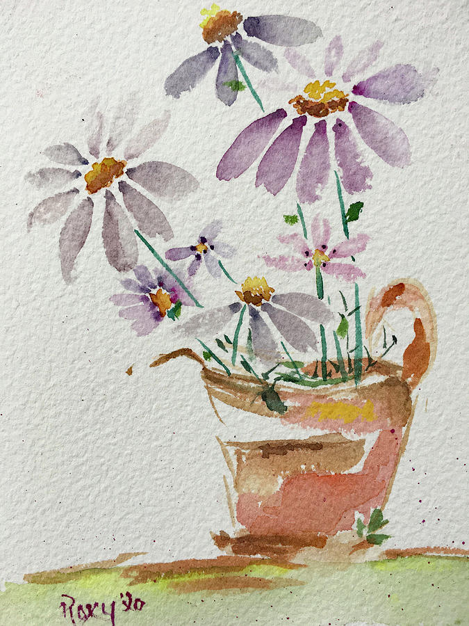 Daisies in a Rusty Copper Pitcher Painting by Roxy Rich