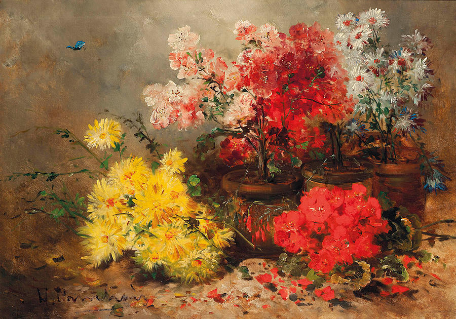 Daisies, marigolds, geraniums and other summer blooms  Painting by Eugene Henri Cauchois