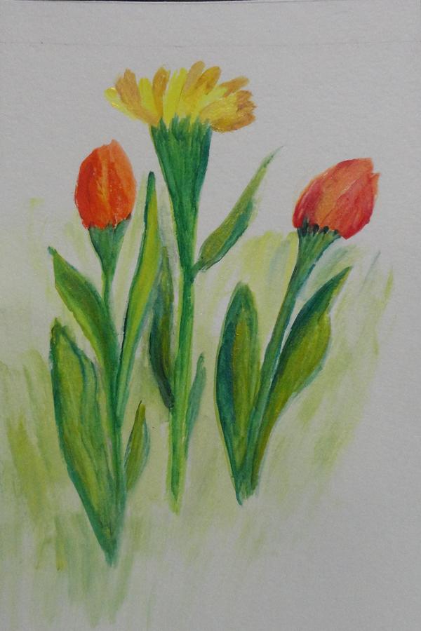 Daisy Among The Tulips Painting by Rosie Foshee Daisy Among The Tulips Painting by Rosie Foshee