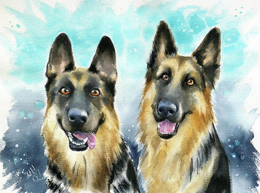 Daisy and Max German Shepherd Dog Painting Painting by Dora Hathazi Mendes