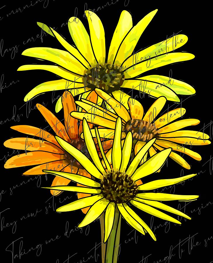 Daisy Four On Black Text Art Drawing by Joan Stratton