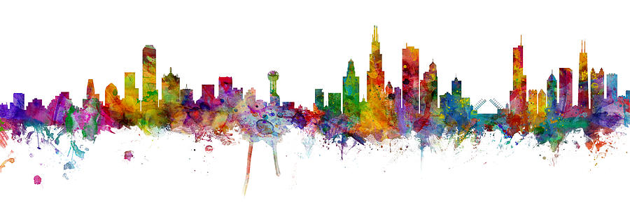 Chicago Digital Art - Dallas and Chicago Skylines Mashup by Michael Tompsett