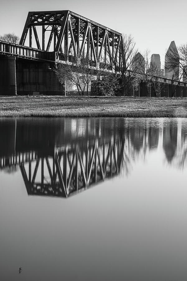 Dallas City Reflections From Along The Trinity River Skyline Trail - Black and White Photograph by Gregory Ballos