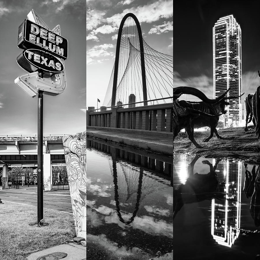 Dallas Skyline Photograph - Dallas Deep Ellum Texas Neon - Margaret Hunt Hill Bridge - Longhorn Cattle Drive in Monochrome by Gregory Ballos