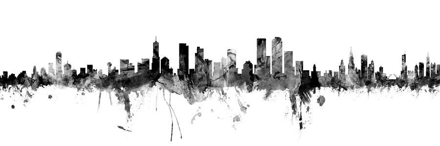 Dallas, Denver and Chicago Skylines Mashup Black White Digital Art by Michael Tompsett