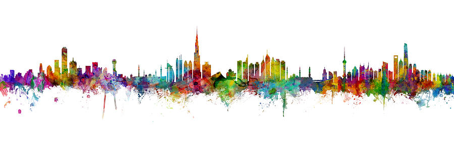 Dallas, Dubai and Shanghai Skyline Mashup Digital Art by Michael Tompsett