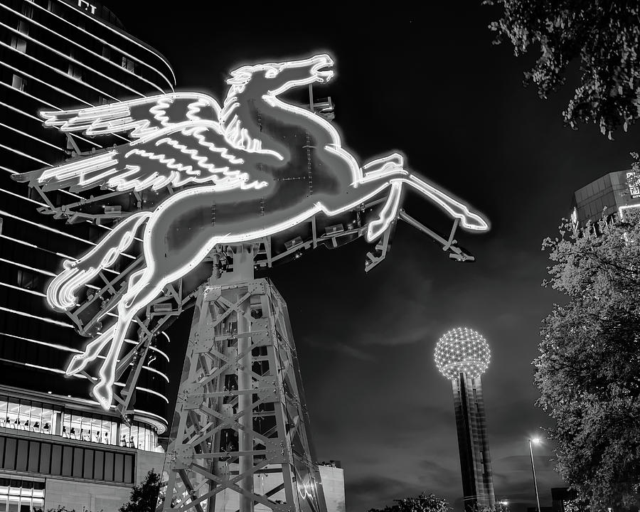 Dallas Skyline Photograph - Dallas Flying Pegasus and Reunion Tower at Dusk - BW Edition by Gregory Ballos
