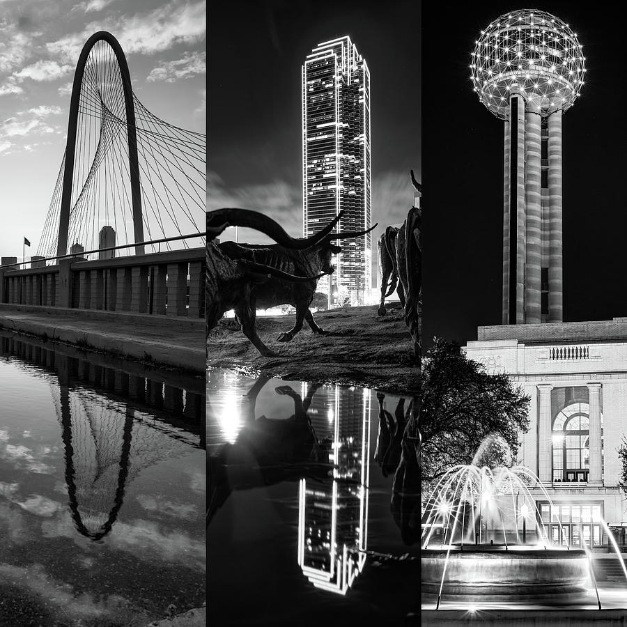 Dallas Skyline Photograph - Dallas Margaret Hunt Hill Bridge - Texas Longhorn Cattle Drive - Reunion Tower in Black and White by Gregory Ballos