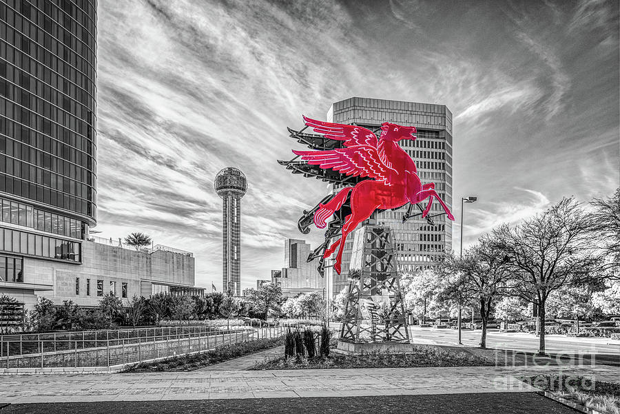 Dallas Neon Red Pegasus Selective Color BW  Photograph by Bee Creek Photography - Tod and Cynthia
