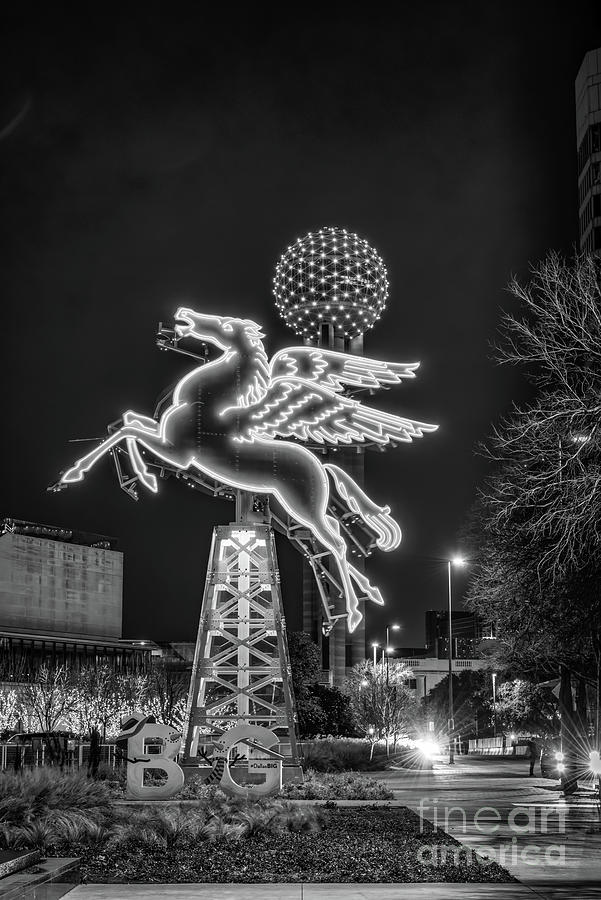 Dallas Pegasus and Reunion Tower BW Vertical Photograph by Bee Creek Photography - Tod and Cynthia