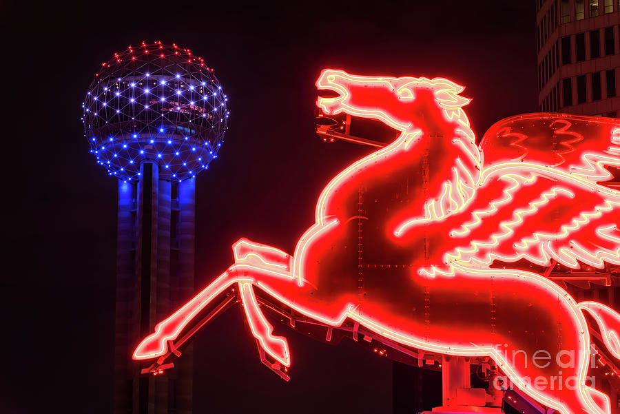 Dallas Pegasus and Reunion Tower Night Photograph by Bee Creek Photography - Tod and Cynthia