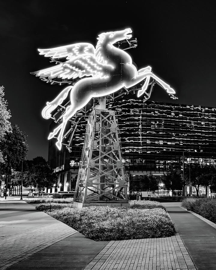 Dallas Skyline Photograph - Dallas Pegasus Lights in Black and White by Gregory Ballos