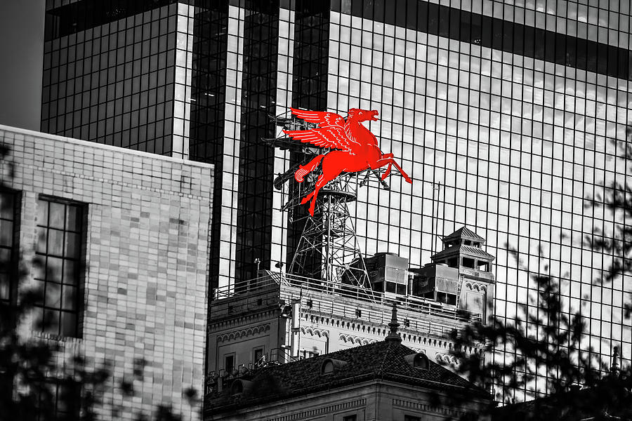 Dallas Red Flying Pegasus Atop The Magnolia Building - Selective Color Photograph by Gregory Ballos