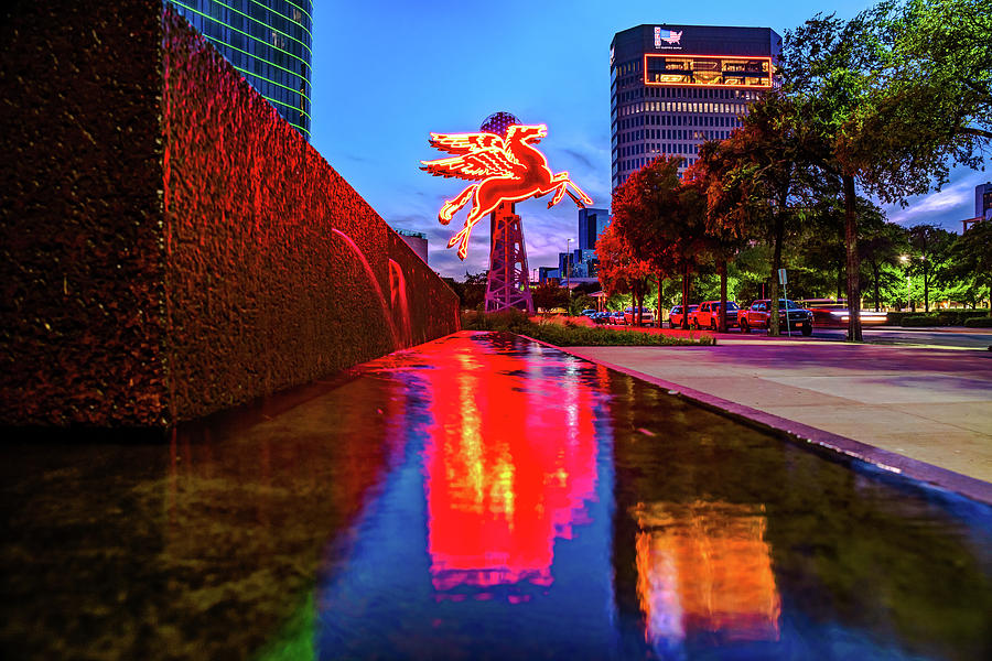 Dallas Skyline Photograph - Dallas Red Flying Pegasus Fountain Reflections by Gregory Ballos